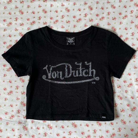 VON DUTCH - Black Rhinestone Cropped Tshirt Top - Picture 3 of 5